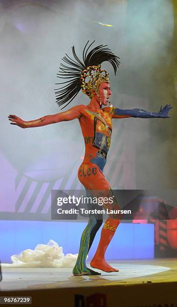 Contestant participates in a body painting show during the Carnival de Gran Canaria in Parque Catalina on February 16, 2010 in Las Palmas, Spain.