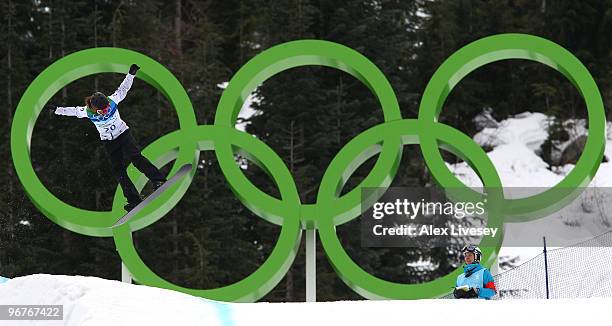 Maelle Ricker of Canada competes during the Ladies' Snowboard cross on day 5 of the Vancouver 2010 Winter Olympics at Cypress Snowboard & Ski-Cross...