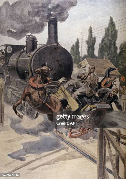 Couverture du "Petit Journal" sur un collision entre une calèche et un train à vapeur le 18 août 1901 en France.