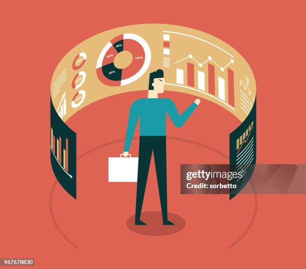 businessman looking at data in front of electronic display - needs improvement stock illustrations