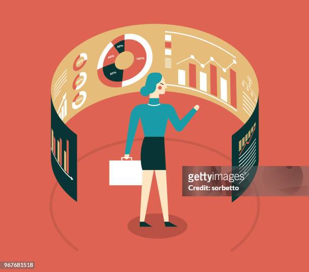 ilustrações, clipart, desenhos animados e ícones de mulher de negócios olhando dados na frente de exposição eletrônica - accountancy