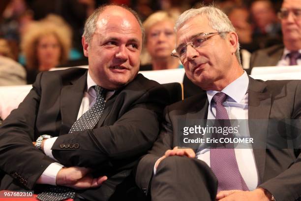 French deputy Bruno Leroux and french national assembly president Claude Bartolone attend to Socialist Parliamentary congress days on September 19,...