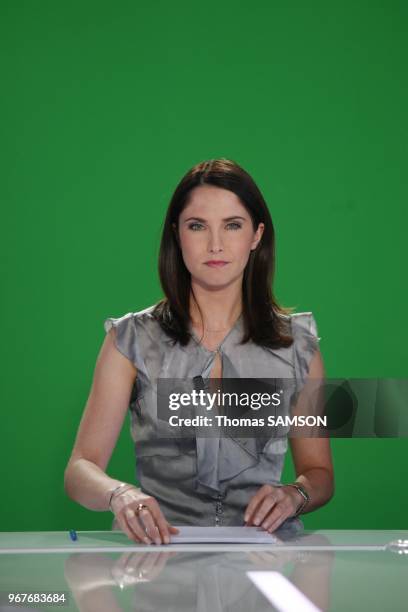 Portrait of French broadcaster Clelie Mathias, on the set of her TV news programme 'Le Nouveau Journal' for Direct 8 Channel in Puteaux, France on...