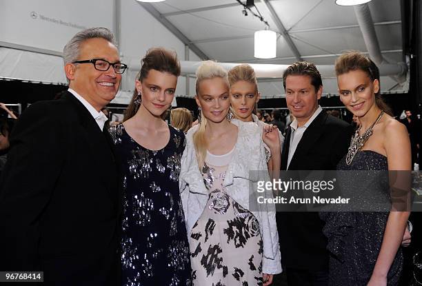 Fashion designers Mark Badgley and James Mischka and models backstage at the Badgley Mischka Fall 2010 fashion show during Mercedes-Benz Fashion Week...