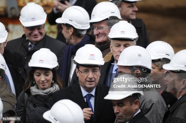 French Socialist Party candidate for the 2012 presidential election Francois Hollande visits the STX shipyard, as part of the campaign, in...