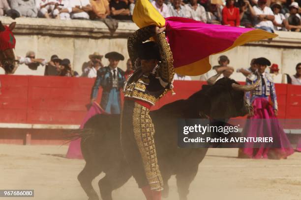 The Spanish legend matador Jose Tomas perform in Nimes arena following his historic solo bullfight against six bulls, as part of the 61th Feria de...