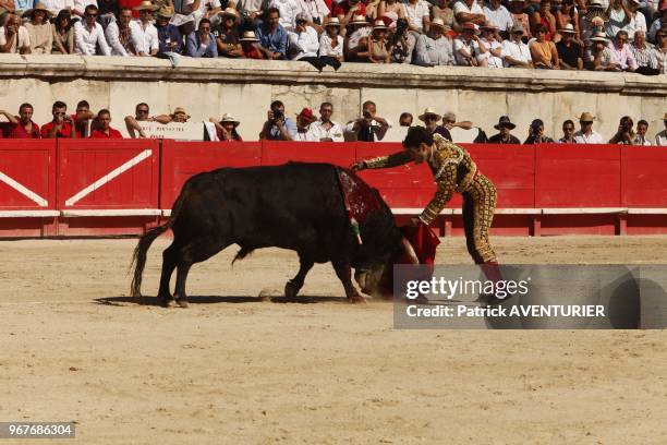 The Spanish legend matador Jose Tomas perform in Nimes arena following his historic solo bullfight against six bulls, as part of the 61th Feria de...