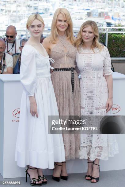 Actresses Elle Fanning, Nicole Kidman and Kirsten Dunst attend 'The Beguiled' photocall during the 70th annual Cannes Film Festival at Palais des...