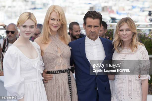 Actors Elle Fanning, Nicole Kidman, Colin Farrell and Kirsten Dunst attend 'The Beguiled' photocall during the 70th annual Cannes Film Festival at...