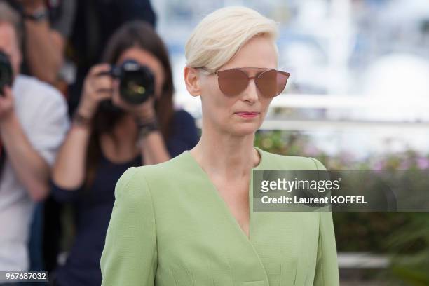 Tilda Swinton attends the 'Okja' photocall during the 70th annual Cannes Film Festival at Palais des Festivals on May 19, 2017 in Cannes, France.