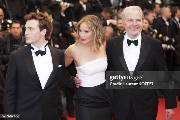 Director Francis Lawrence, Jennifer Lawrence and Sam Claflin attend the Premiere of 'Jimmy P. ' at Palais des Festivals during The 66th Annual Cannes...