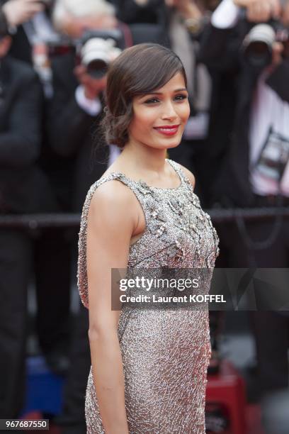 Actress Frieda Pinto attends the 'Jeune & Jolie' premiere during The 66th Annual Cannes Film Festival at the Palais des Festivals on May 16, 2013 in...