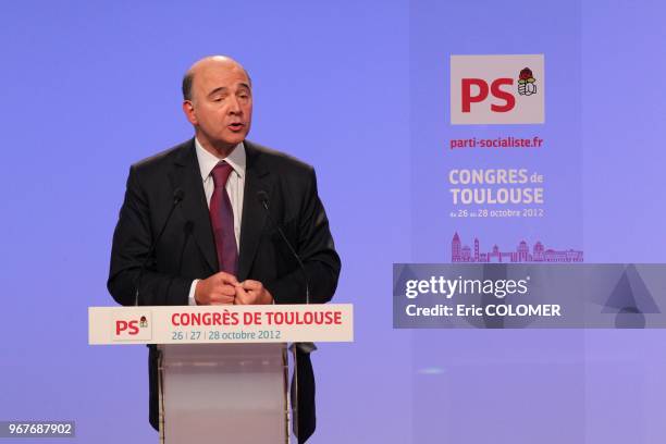 French Economy, Finance and Foreign Trade Minister, Pierre Moscovici gives a speech during the Socialist Party's national congress on October 27,...