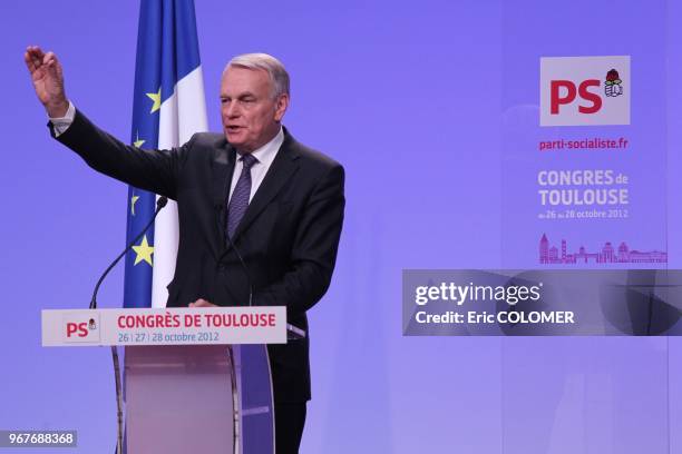 French Prime Minister, Jean-Marc Ayrault gestures while giving a speech during the Socialist Party's national congress on October 27, 2012 in...