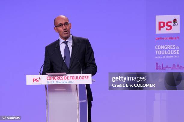 French Socialist Party's first secretary, Harlem Desir gives a speech during the PS national congress on October 28, 2012 in Toulouse, southern...