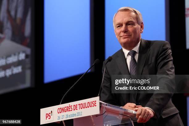 French Prime Minister, Jean-Marc Ayrault gestures while giving a speech during the Socialist Party's national congress on October 27, 2012 in...