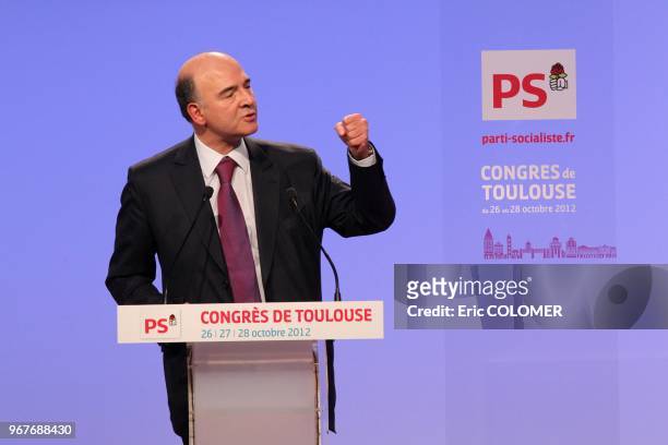 French Economy, Finance and Foreign Trade Minister, Pierre Moscovici gives a speech during the Socialist Party's national congress on October 27,...