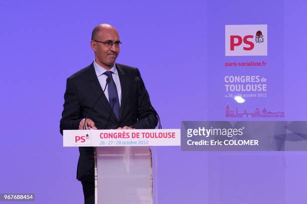 French Socialist Party's first secretary, Harlem Desir gives a speech during the PS national congress on October 28, 2012 in Toulouse, southern...