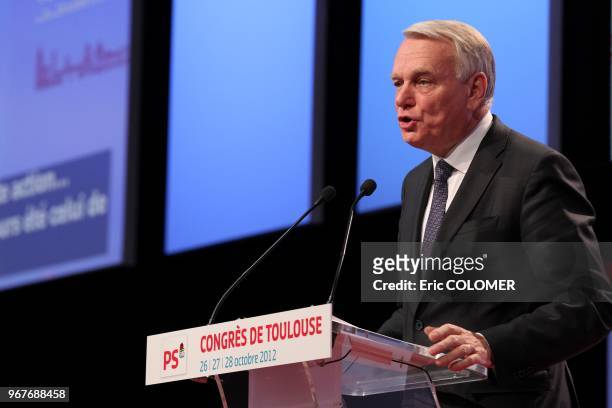 French Prime Minister, Jean-Marc Ayrault gestures while giving a speech during the Socialist Party's national congress on October 27, 2012 in...