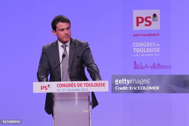 French Interior Minister, Manuel Valls gives a speech during the Socialist Party's national congress on October 27, 2012 in Toulouse, southern France.
