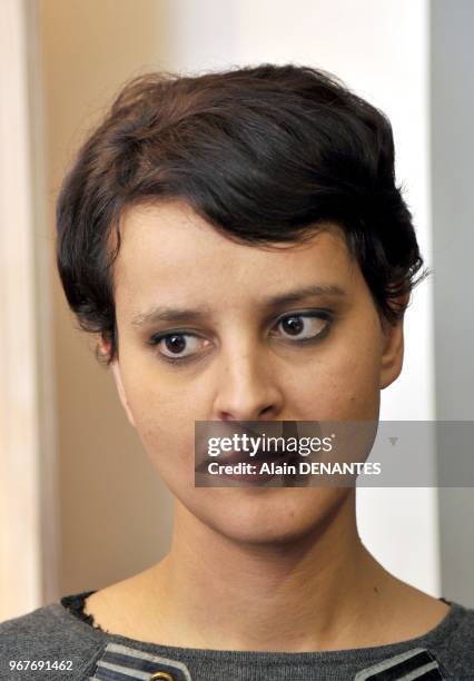 French Minister of Women's Rights and Government spokeswoman Najat Vallaud-Belkacem visits the Espace Simone de Beauvoir, a place of associations...