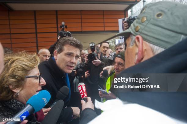 French minister Arnaud Montebourg meets Sanofi employees during Biovision show on March 25, 2013 in Lyon, France.