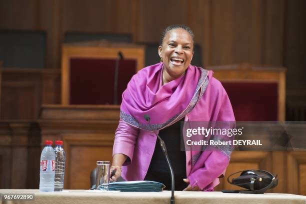 Christiane Taubira, garde des sceaux et ministre de la justice, rencontre les magistrats et les fonctionnaires au palais de justice le 21 Octobre...