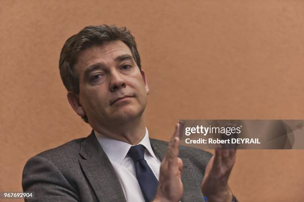 Arnaud Montebourg minister of productive recovery during Innorobo, international summit on service robotics on March 16, 2013 in Lyon, France.