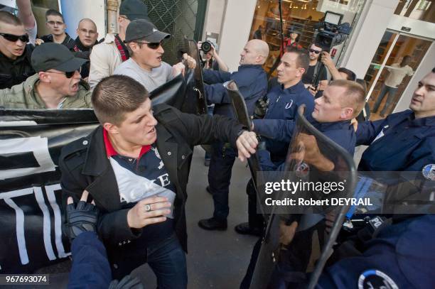 Jeunesse Nationaliste' far right movement leader Alexandre Gabriac during an anti gay marriage demonstration on April 17, 2013 in Lyon, France.