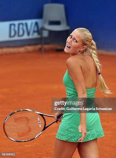 Ukrainean tennis player Kristina Antoniychuk reacts during her match against Carla Suarez of Spain as part of the WTA Bogota Tennis Tour on February...