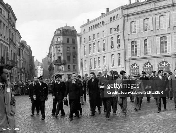 Le président de la République Française Charles de Gaulle lors de sa visite officielle à Toulouse, le 14 février 1959, en Haute-Garonne, France.