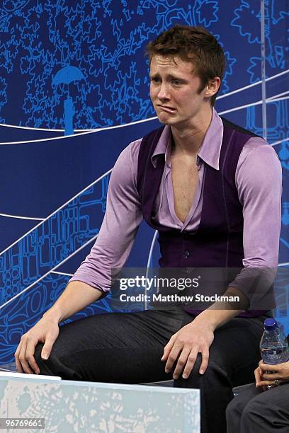 Jeremy Abbott of the United States reacts after his routine in the men's figure skating short program on day 5 of the Vancouver 2010 Winter Olympics...