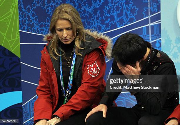 Patrick Chan of Canada reacts after his routine in the men's figure skating short program on day 5 of the Vancouver 2010 Winter Olympics at the...