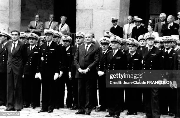 Pierre Marion, directeur général de la Sécurité extérieure, lors d'une cérémonie aux lnvalides le 21 septembre 1982 à Paris, France.