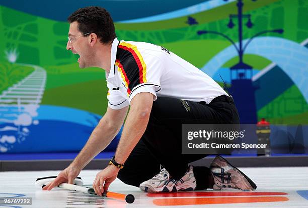 Skip Andy Kapp of Germany calls out to his team during the men's curling round robin game between Canada and Germany on day 5 of the Vancouver 2010...