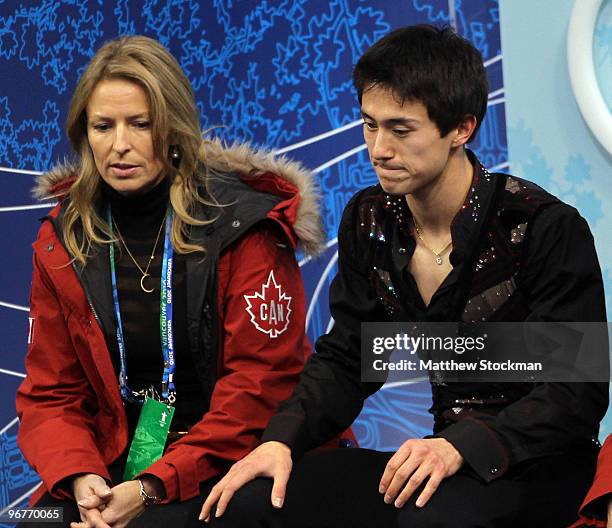 Patrick Chan of Canada reacts after his routine in the men's figure skating short program on day 5 of the Vancouver 2010 Winter Olympics at the...