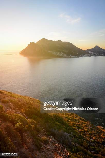 view of hout bay from chapman's peak drive - chapmans peak stock pictures, royalty-free photos & images