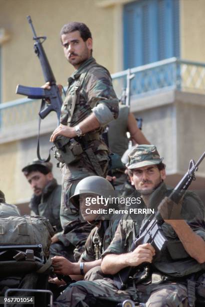 Soldats de l'armée libanaise le 16 septembre 1983 à Souk El Gharb au Liban.