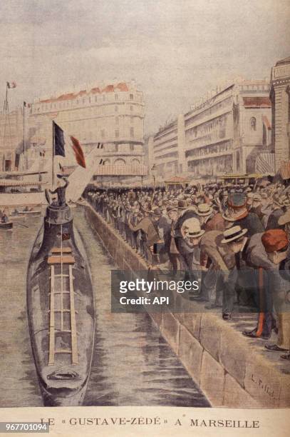 Gravure du Petit Journal représentant le bateau-torpilleur 'Gustave Zédé' le 28 août 1901 à Marseille, France.