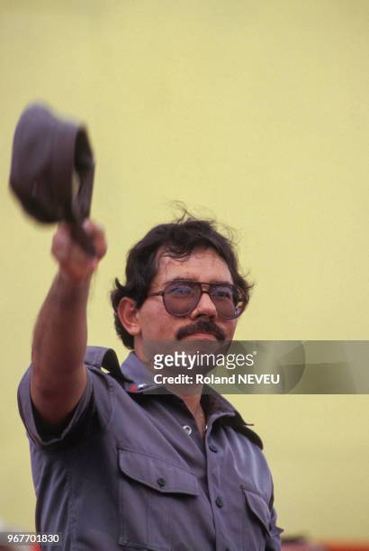 Portrait de Daniel Ortega lors d'un meeting du Front Sandiniste de Libération National , octobre 1984, Managua, Nicaragua.