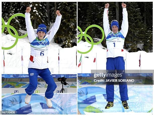 This combo picture shows France's Marie Laure Brunet as she reacts during the flower podium ceremony for the women's Biathlon 10 km pursuit at...