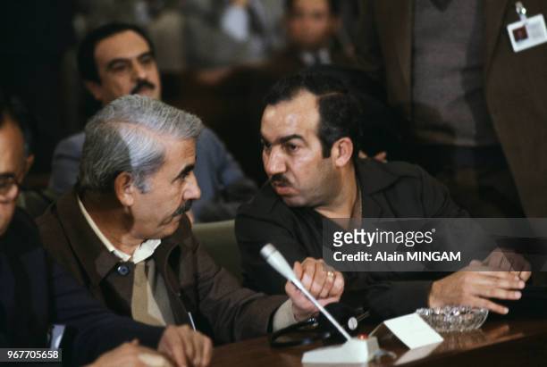 Georges Habache, leader du FPLP et Abou Jihad, membre de l'OLP au Conseil National Palestinien, 14 février 1983, Alger, Algérie.