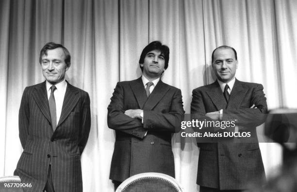 Portrait de Jérôme Seydoux et de Silvio Berlusconi, magnats de l'audiovisuel français et italien, lors de la création de la cinquième chaîne de...