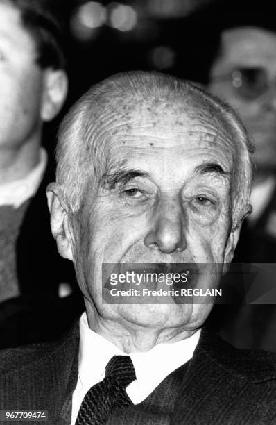 Le fondateur du journal 'Le Monde', Hubert Beuve-Mery, lors de l'assemblée des actionnaires le 20 mars 1987, Paris, France.