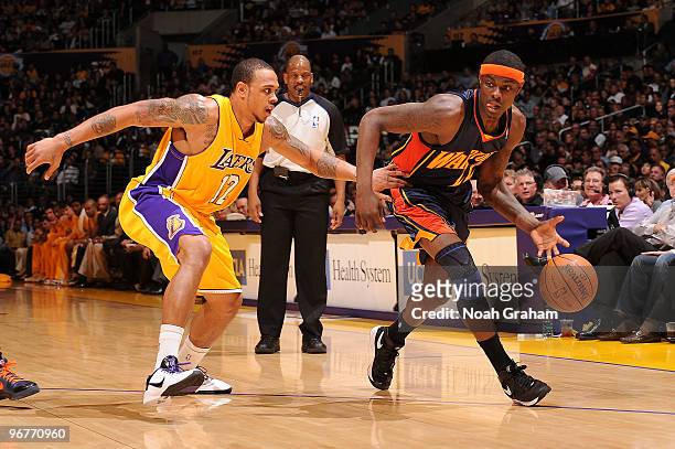 Anthony Morrow of the Golden State Warriors handles the ball against Shannon Brown of the Los Angeles Lakers at Staples Center on February 16, 2010...