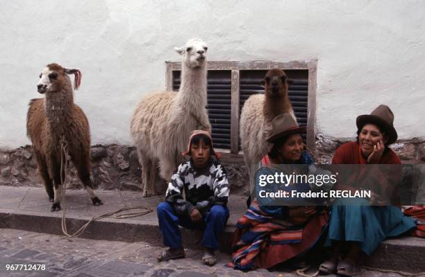 Femmes et enfant assis sur un trottoir et lamas à l'arrière-plan en novembre 1999, à Cuzco, Pérou.