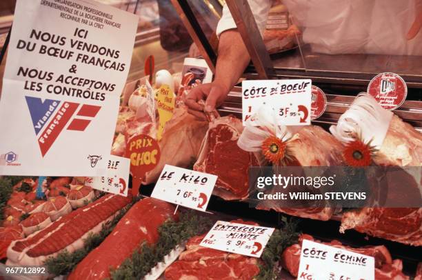 Etale de viande française dans une boucherie à Vincennes le 29 mars 1996, France.