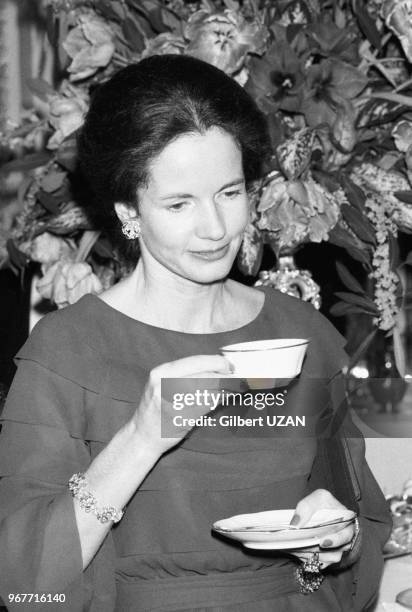 Anne-Aymone Giscard d'Estaing prend le thé lors d'une réception avec les femmes d'ambassadeurs au Palis de l'Elysée à Paris le 23 janvier 1975,...