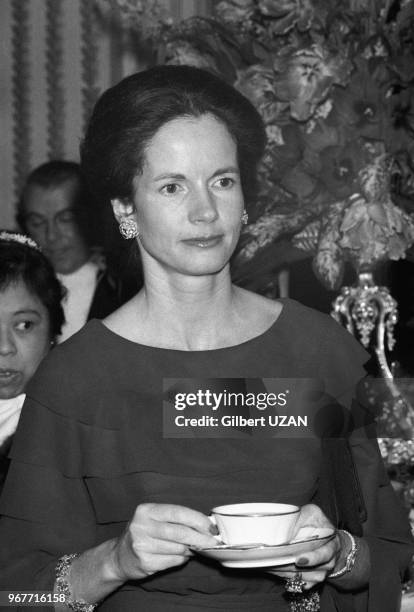 Anne-Aymone Giscard d'Estaing prend le thé lors d'une réception avec les femmes d'ambassadeurs au Palis de l'Elysée à Paris le 23 janvier 1975,...