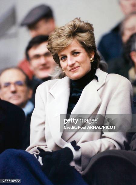 Lady Diana au Parc des Princes pour le match France-pays de galle lors du tournoi des 5 nations le 21 janvier 1995, Paris, France.